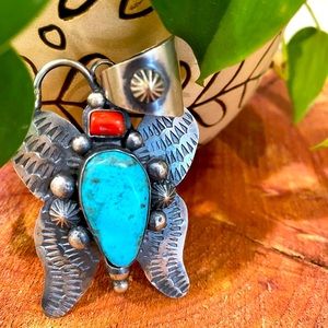 Chimney Butte Sterling, turquoise and red coral pendant